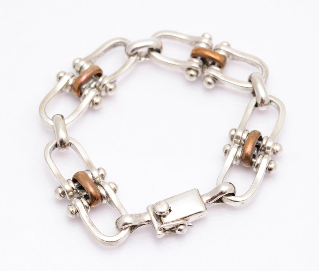 Vintage Mexican 925 Sterling Silver Shackle Design Chunky Bracelet (A2088)