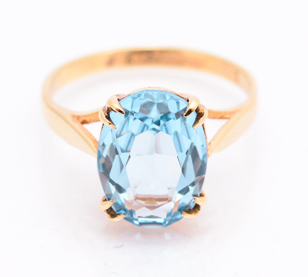 Vintage 9ct Yellow Gold & Lab-Created Blue Spinel Large Solitaire Ring UK Size K1/2 (A2090)