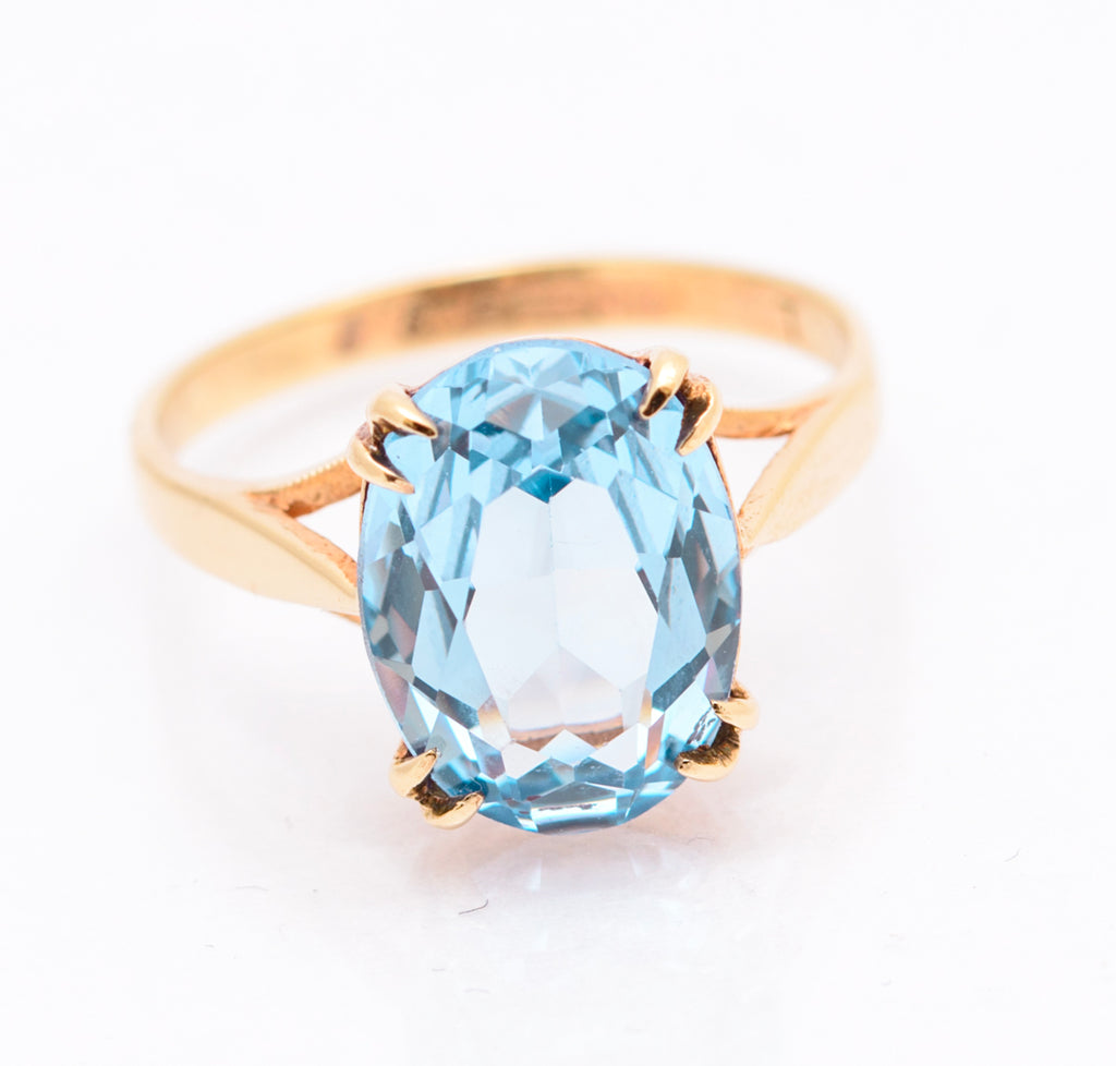 Vintage 9ct Yellow Gold & Lab-Created Blue Spinel Large Solitaire Ring UK Size K1/2 (A2090)