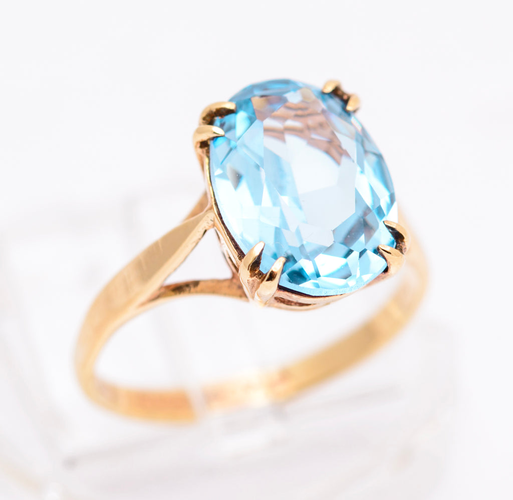Vintage 9ct Yellow Gold & Lab-Created Blue Spinel Large Solitaire Ring UK Size K1/2 (A2090)