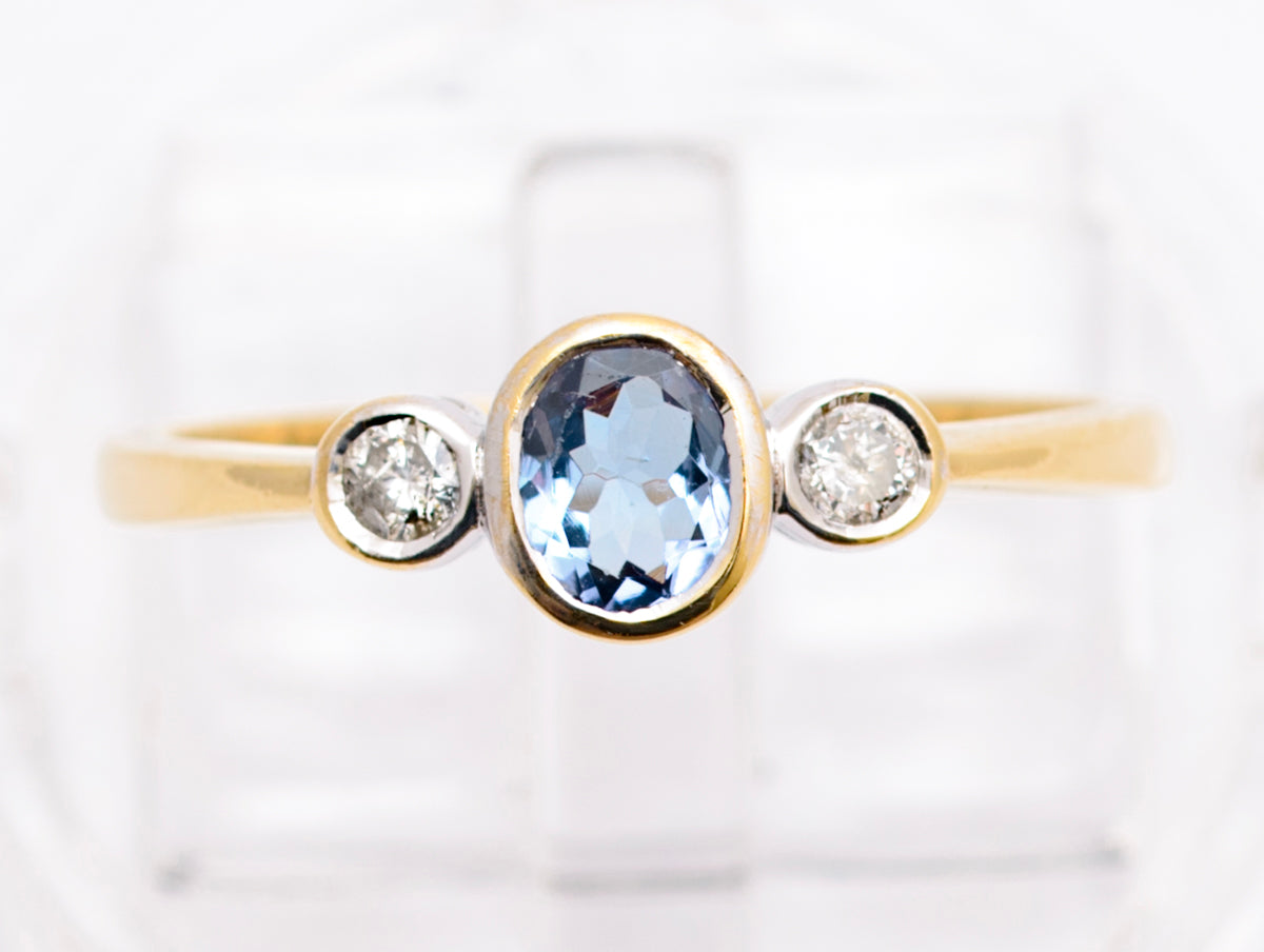 Vintage 9ct Yellow Gold Elegant Tanzanite & Diamond Trilogy Ring Size N (A2096)