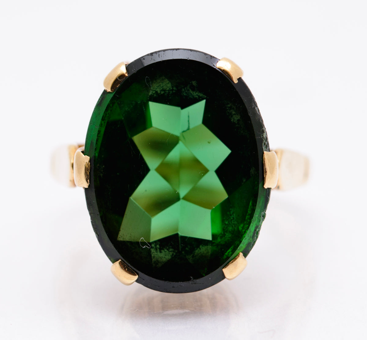 Vintage 9ct Yellow Gold & Large 10 Carat Green Tourmaline Gemstone Ring Size M (A2099)