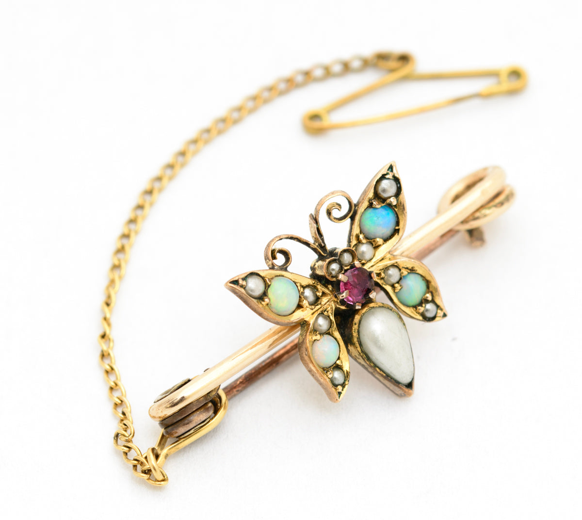 Antique Victorian Rolled Gold Butterfly Bug Scarf Clip Brooch Opal/Seed Pearl(A2104)