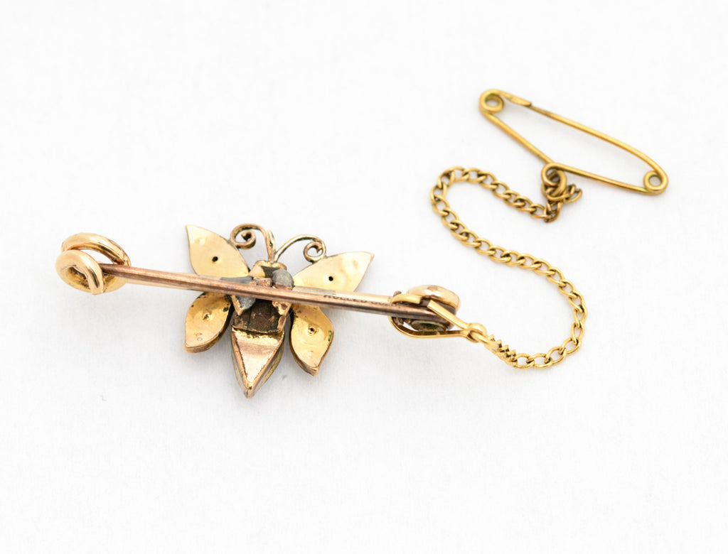 Antique Victorian Rolled Gold Butterfly Bug Scarf Clip Brooch Opal/Seed Pearl(A2104)