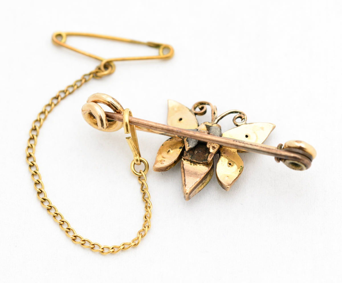 Antique Victorian Rolled Gold Butterfly Bug Scarf Clip Brooch Opal/Seed Pearl(A2104)