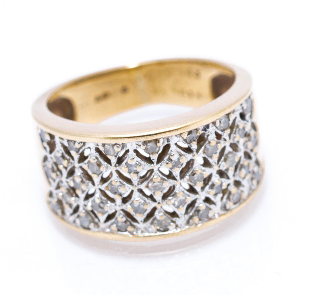 Vintage 9ct Yellow Gold Ladies Diamond Encrusted Wide Band Ring UK Size M1/2  (A2106)