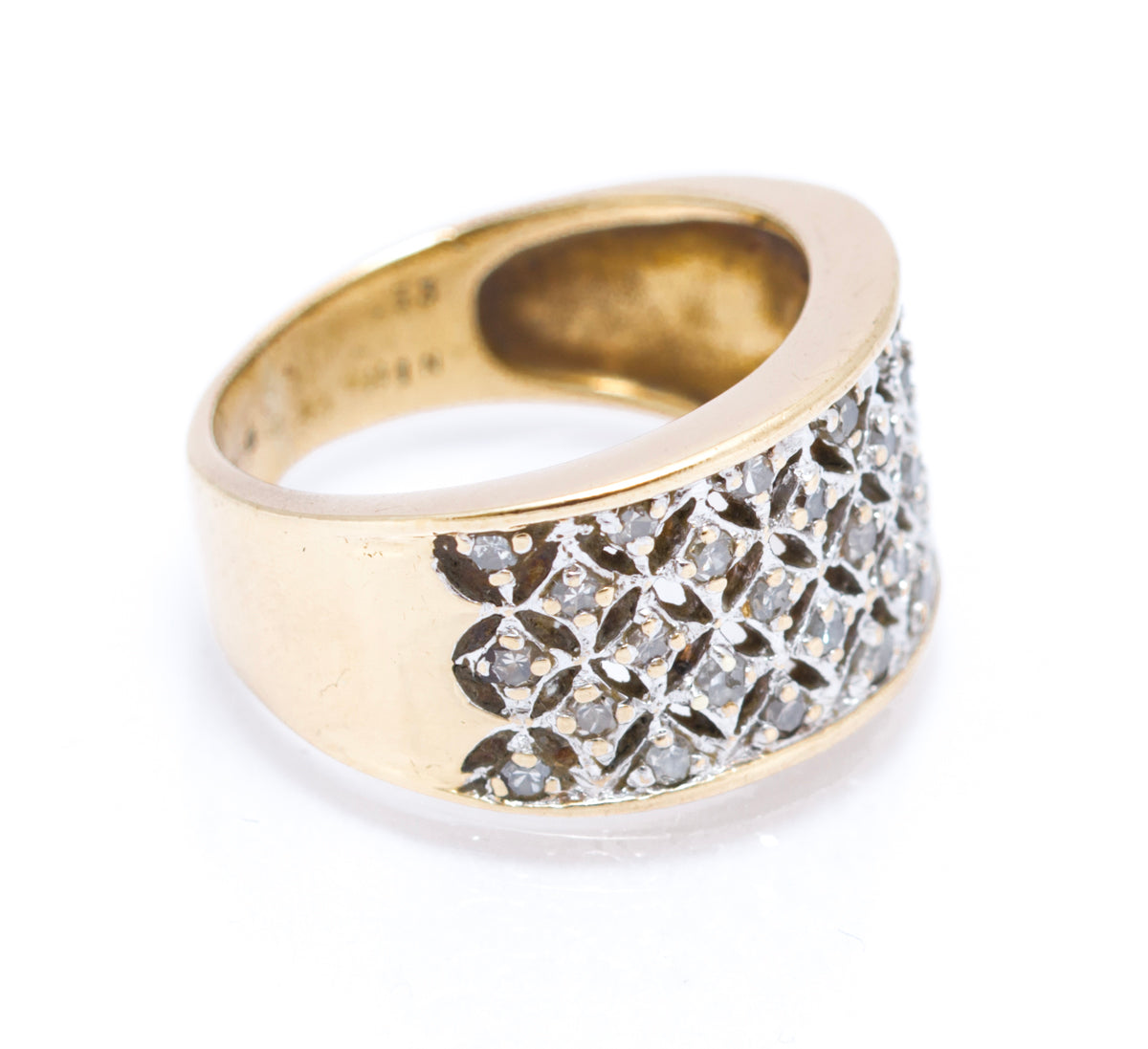 Vintage 9ct Yellow Gold Ladies Diamond Encrusted Wide Band Ring UK Size M1/2  (A2106)