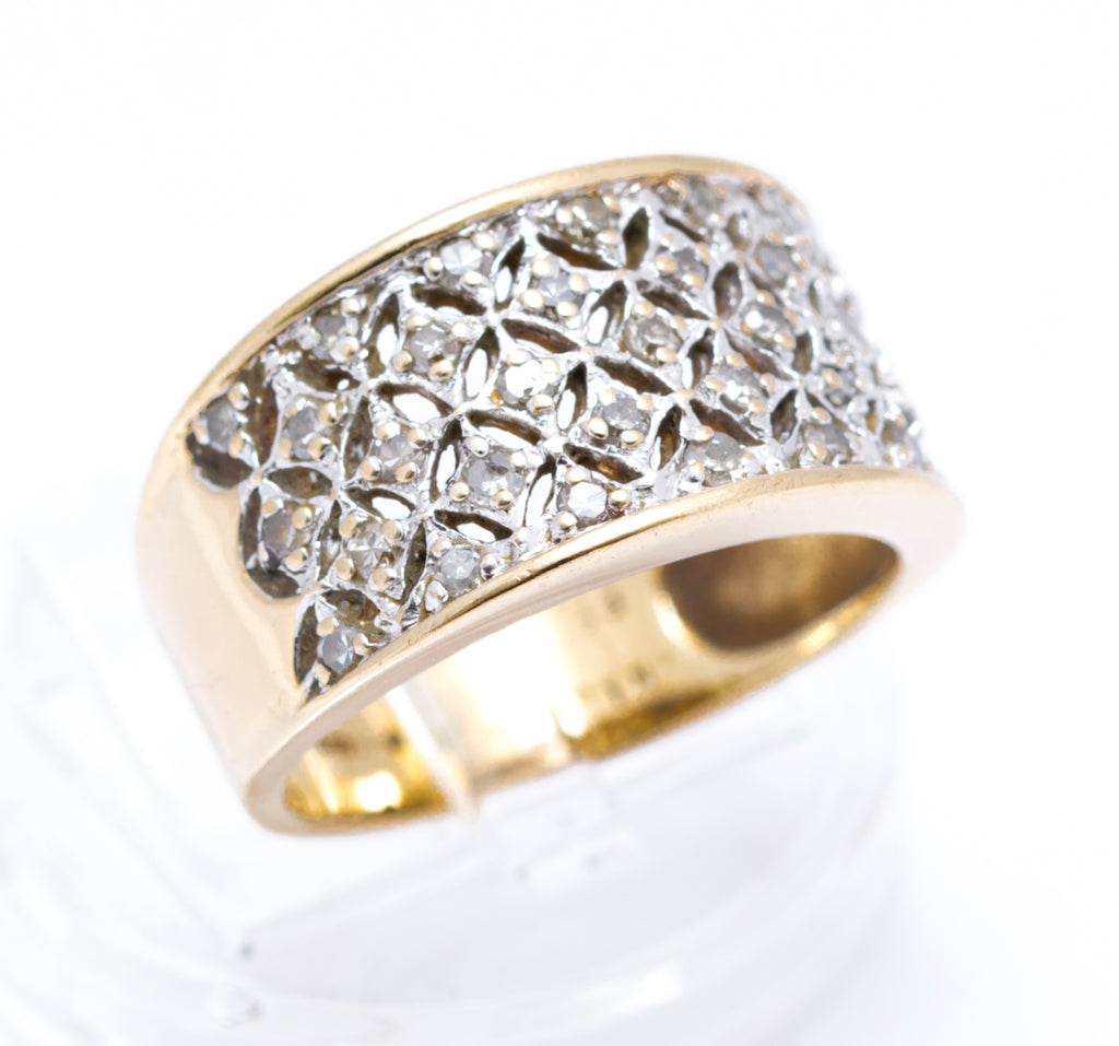Vintage 9ct Yellow Gold Ladies Diamond Encrusted Wide Band Ring UK Size M1/2  (A2106)