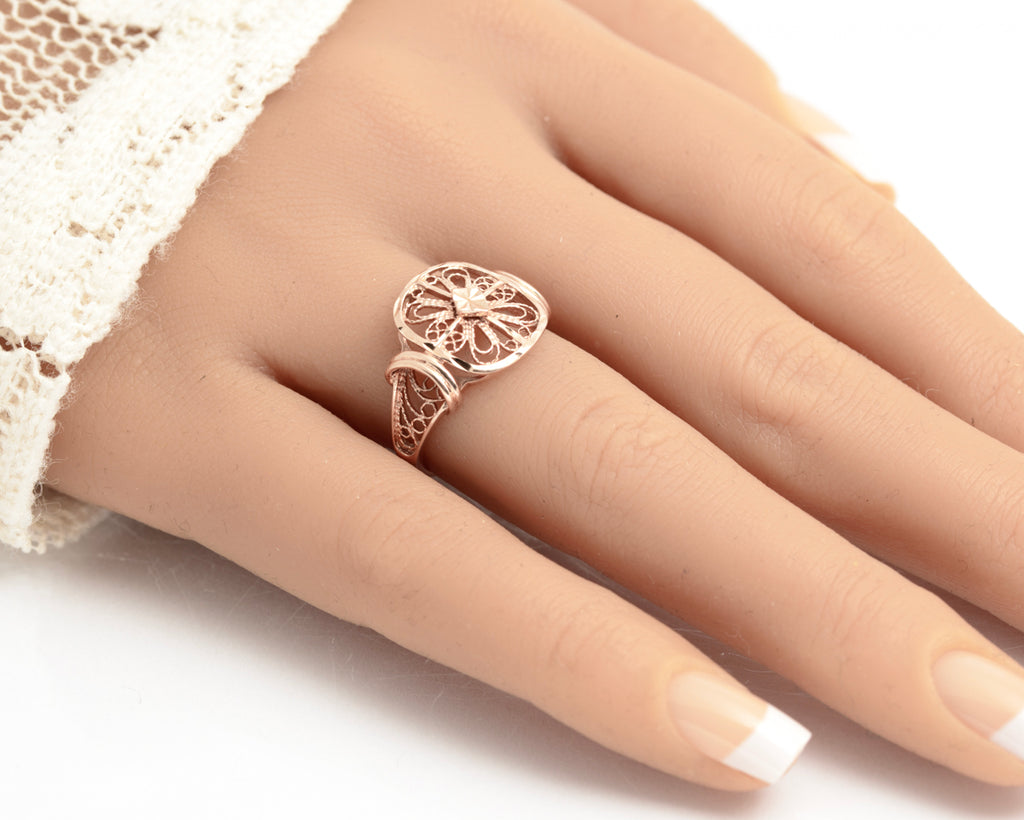 Vintage 9ct Rose Gold Filigree Ring With Bright Cut Detail & Sheffield Hallmark (A2113)