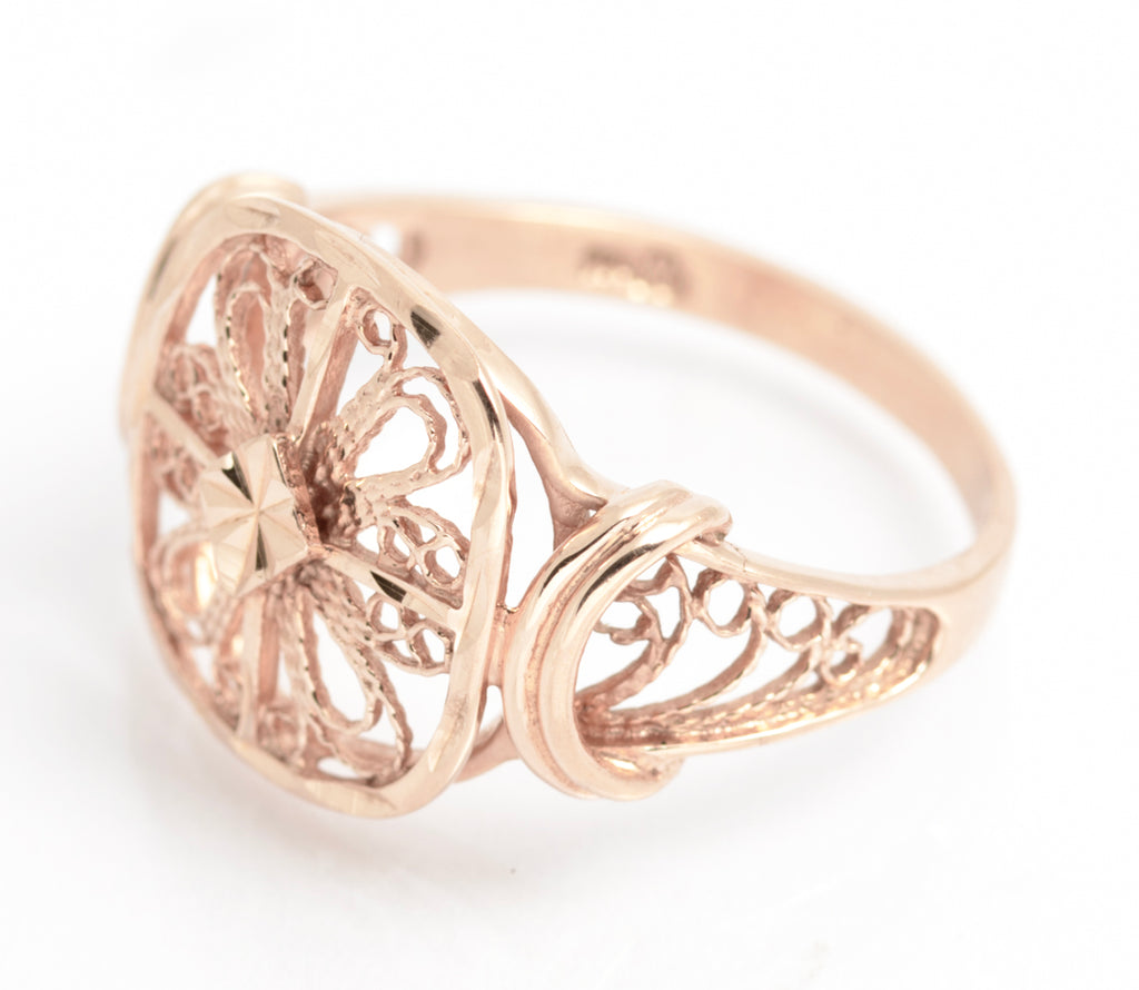 Vintage 9ct Rose Gold Filigree Ring With Bright Cut Detail & Sheffield Hallmark (A2113)