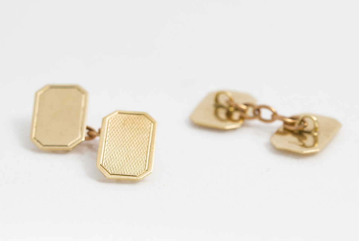 Pair Vintage 9ct Yellow Gold Chain Link Cufflinks Engine Turned Panels (A2122)