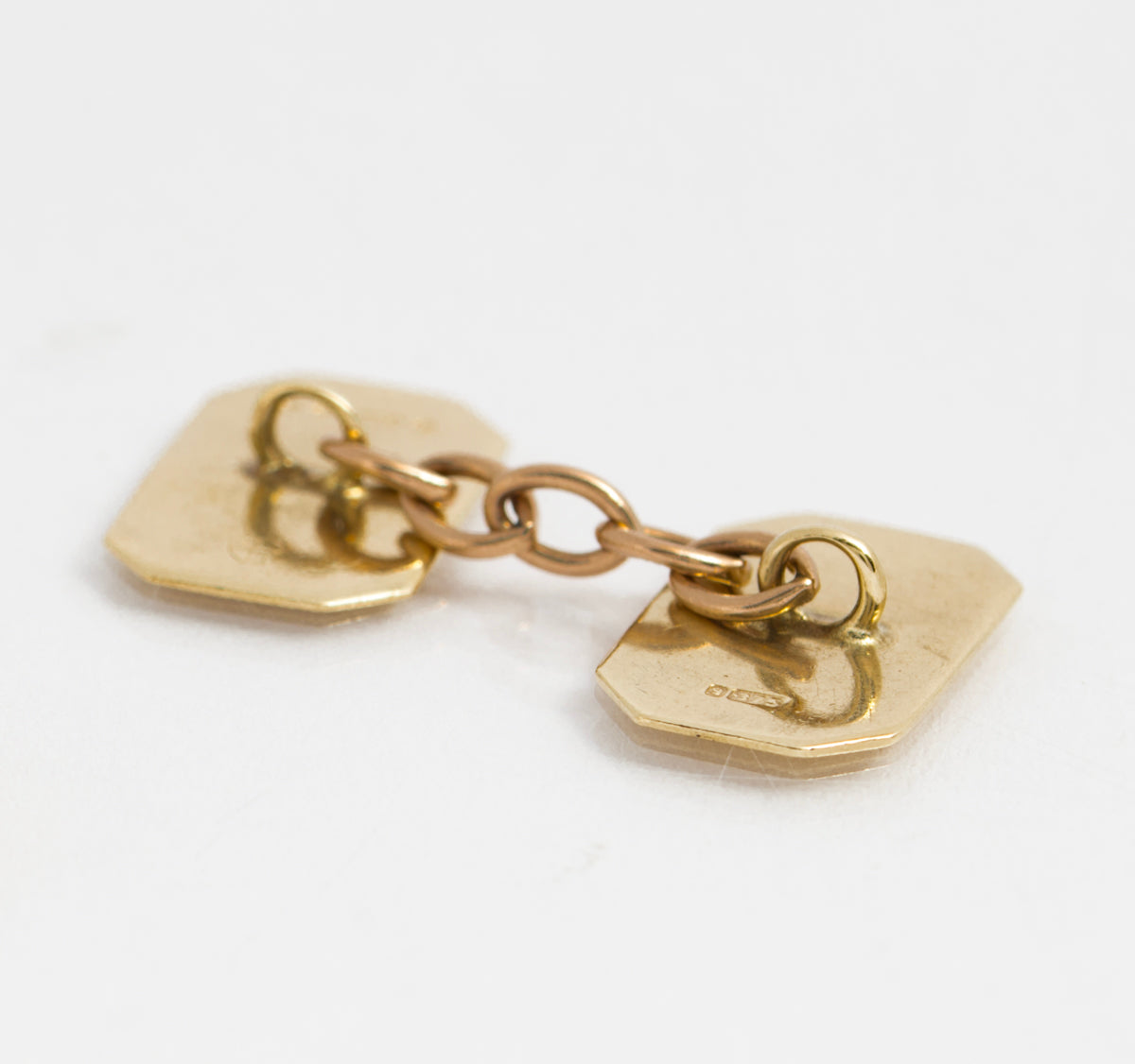 Pair Vintage 9ct Yellow Gold Chain Link Cufflinks Engine Turned Panels (A2122)