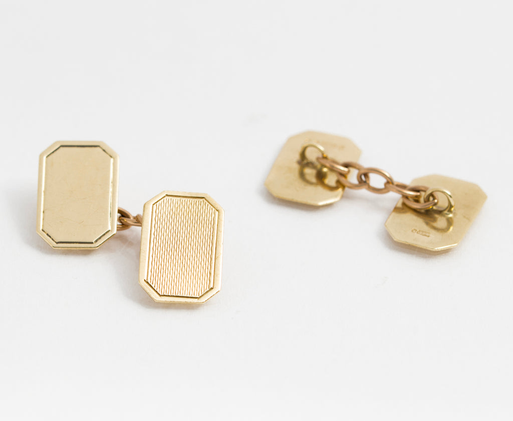 Pair Vintage 9ct Yellow Gold Chain Link Cufflinks Engine Turned Panels (A2122)
