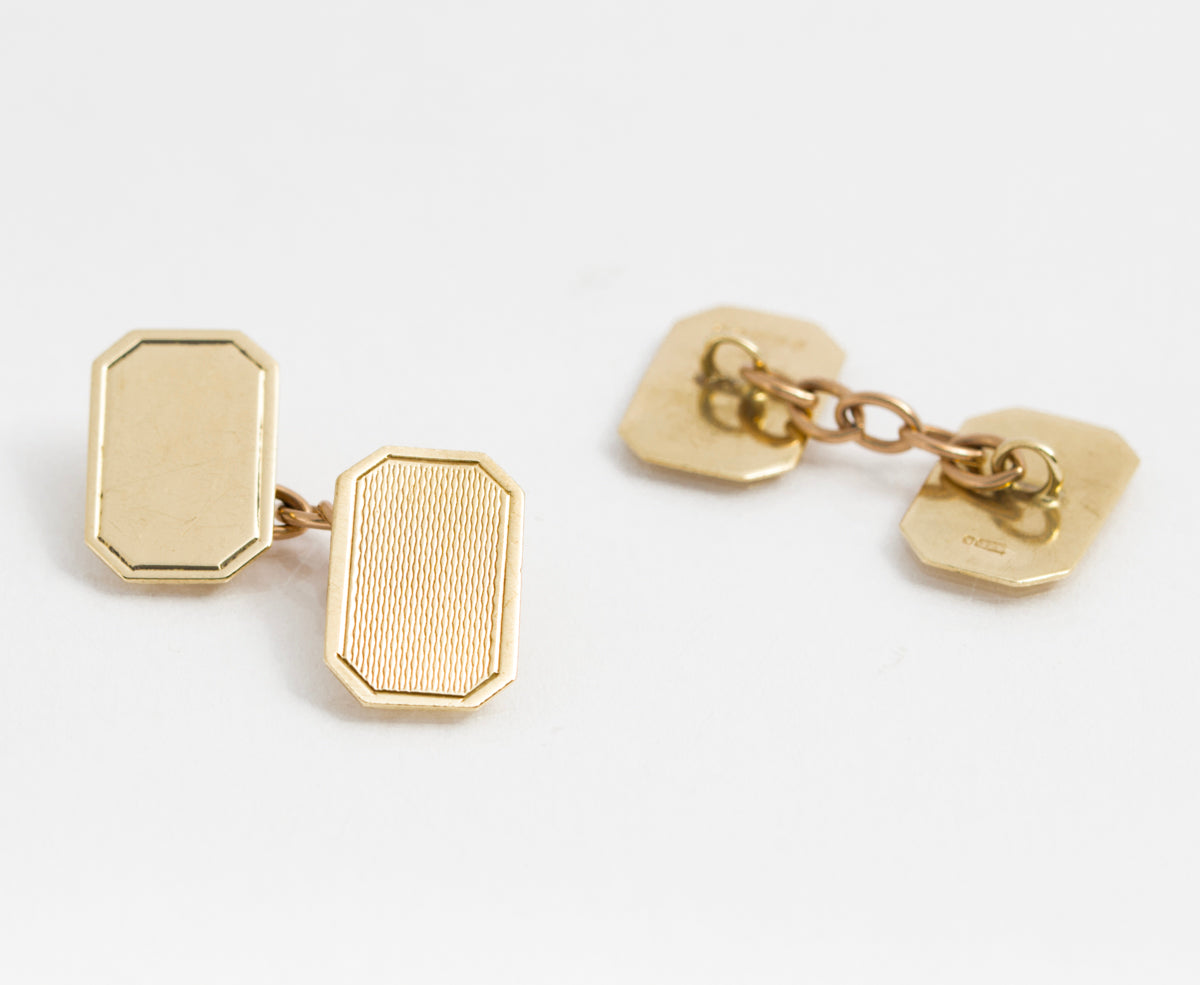 Pair Vintage 9ct Yellow Gold Chain Link Cufflinks Engine Turned Panels (A2122)