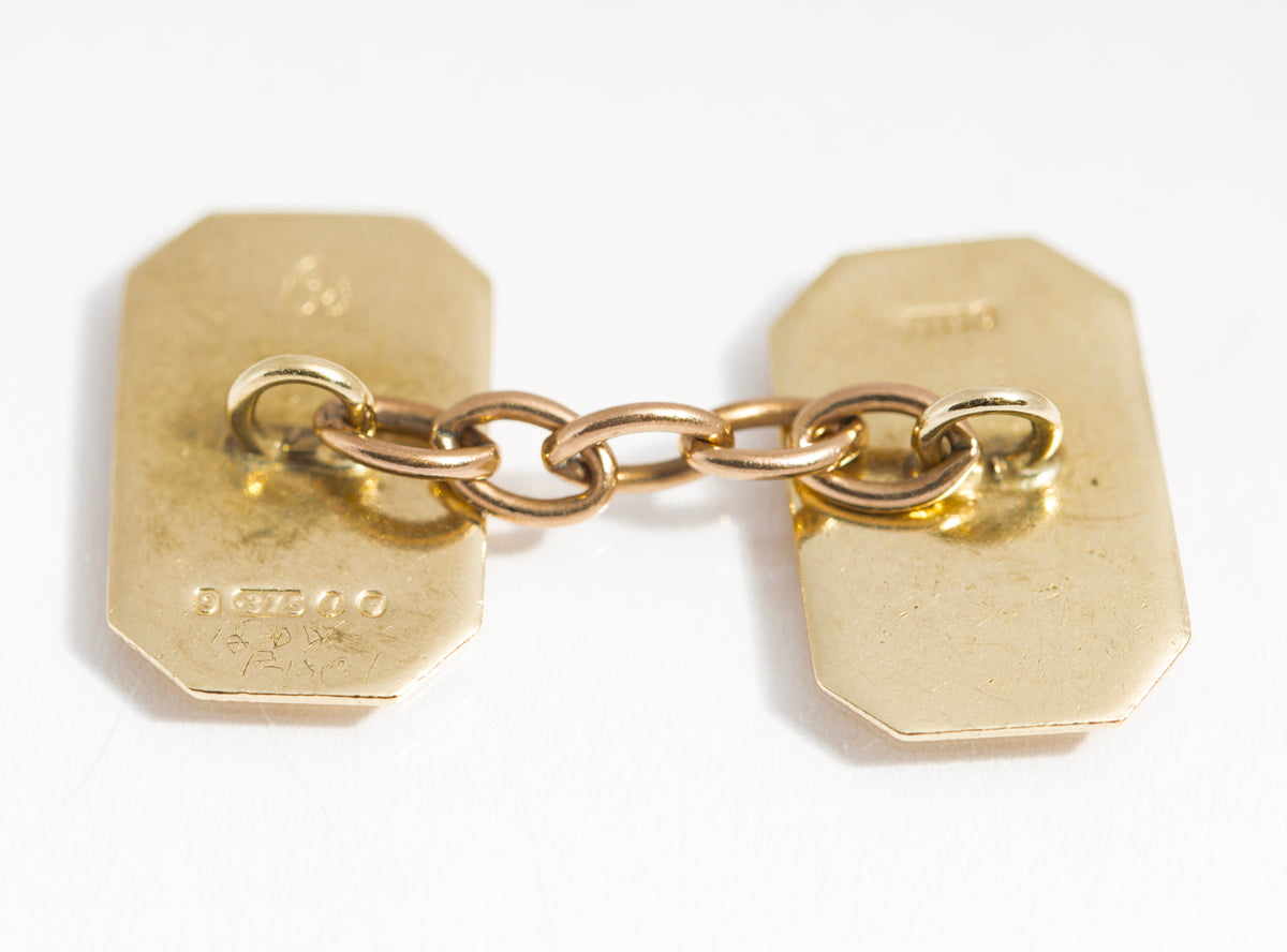 Pair Vintage 9ct Yellow Gold Chain Link Cufflinks Engine Turned Panels (A2122)