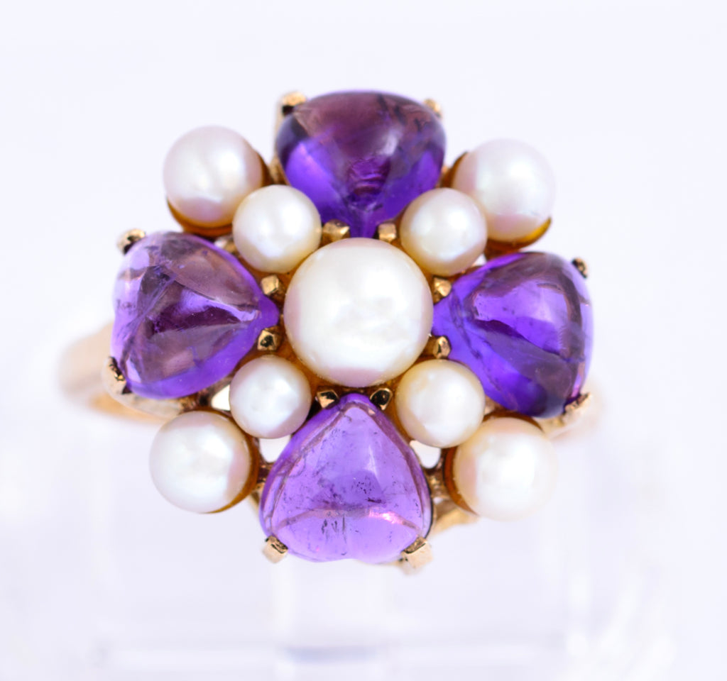 Vintage 9ct Yellow Gold Cultured Pearl & Natural Amethyst Dress Ring UK Size O (A2131)