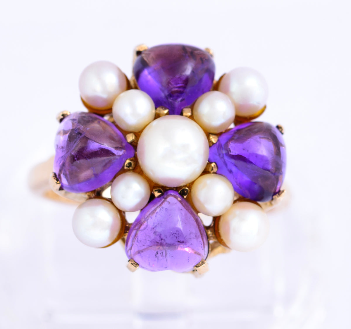 Vintage 9ct Yellow Gold Cultured Pearl & Natural Amethyst Dress Ring UK Size O (A2131)