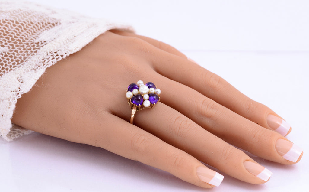 Vintage 9ct Yellow Gold Cultured Pearl & Natural Amethyst Dress Ring UK Size O (A2131)