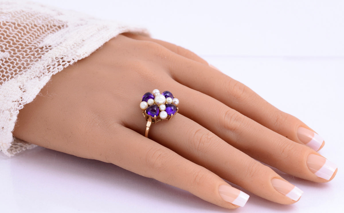 Vintage 9ct Yellow Gold Cultured Pearl & Natural Amethyst Dress Ring UK Size O (A2131)
