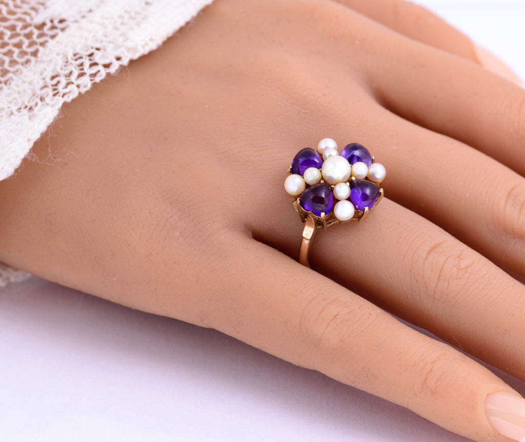 Vintage 9ct Yellow Gold Cultured Pearl & Natural Amethyst Dress Ring UK Size O (A2131)