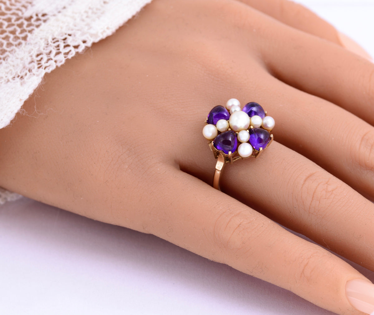 Vintage 9ct Yellow Gold Cultured Pearl & Natural Amethyst Dress Ring UK Size O (A2131)