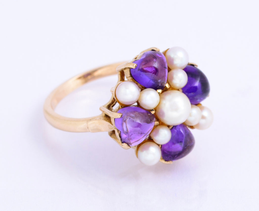 Vintage 9ct Yellow Gold Cultured Pearl & Natural Amethyst Dress Ring UK Size O (A2131)