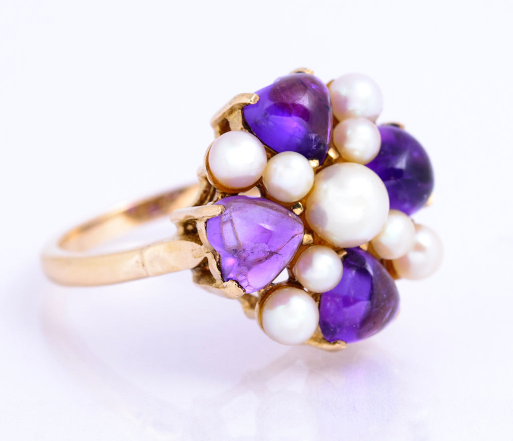 Vintage 9ct Yellow Gold Cultured Pearl & Natural Amethyst Dress Ring UK Size O (A2131)