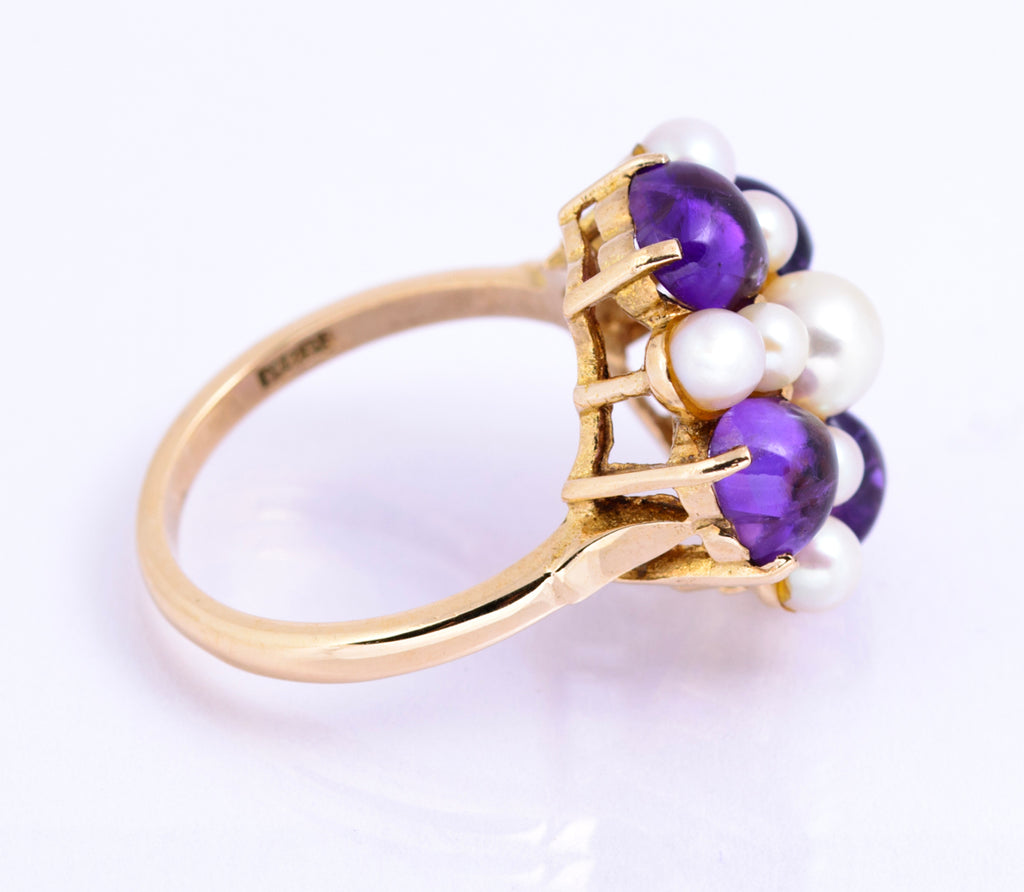 Vintage 9ct Yellow Gold Cultured Pearl & Natural Amethyst Dress Ring UK Size O (A2131)