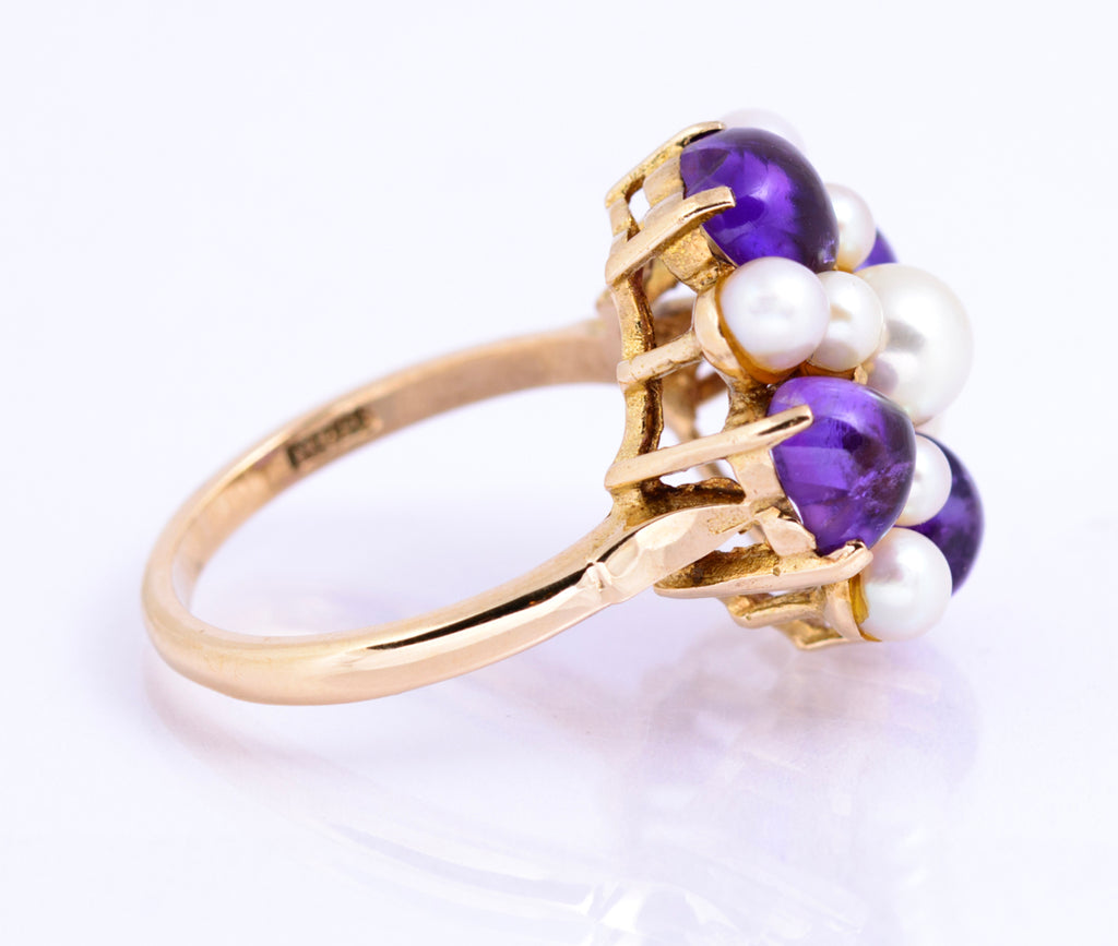 Vintage 9ct Yellow Gold Cultured Pearl & Natural Amethyst Dress Ring UK Size O (A2131)