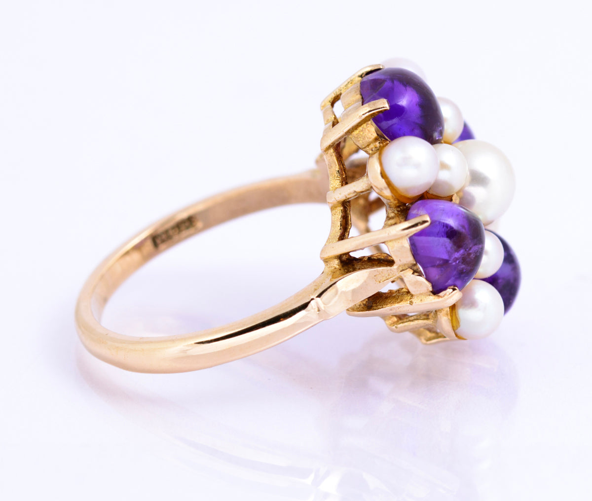 Vintage 9ct Yellow Gold Cultured Pearl & Natural Amethyst Dress Ring UK Size O (A2131)