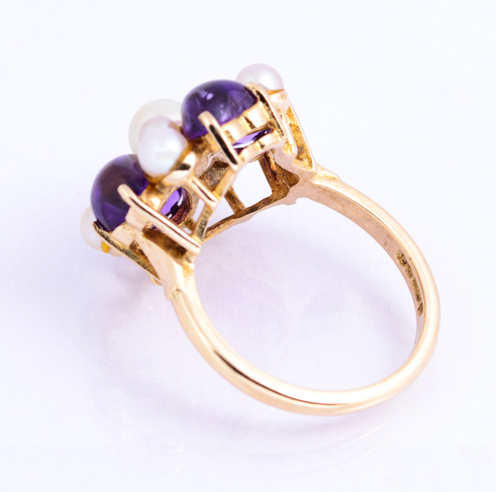 Vintage 9ct Yellow Gold Cultured Pearl & Natural Amethyst Dress Ring UK Size O (A2131)