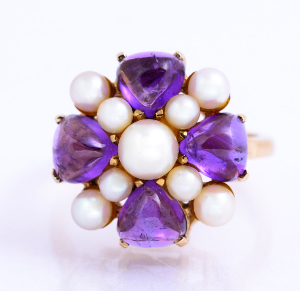 Vintage 9ct Yellow Gold Cultured Pearl & Natural Amethyst Dress Ring UK Size O (A2131)