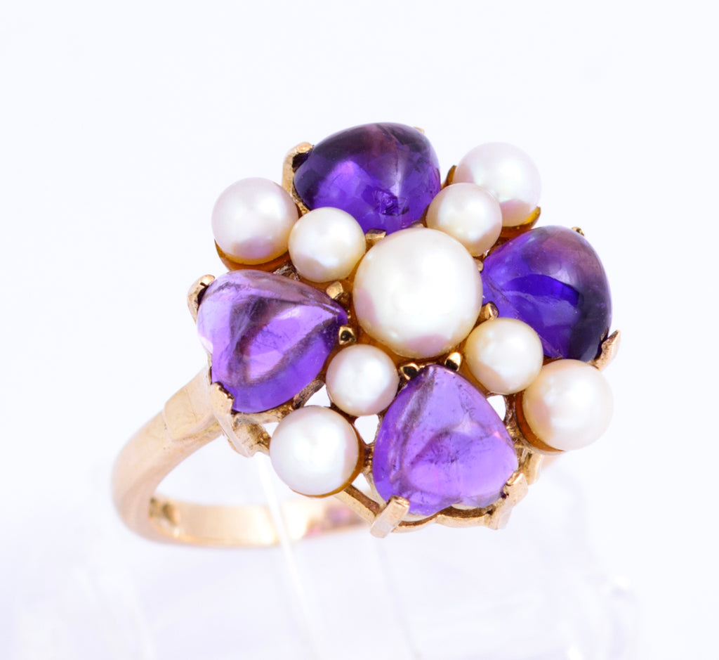 Vintage 9ct Yellow Gold Cultured Pearl & Natural Amethyst Dress Ring UK Size O (A2131)