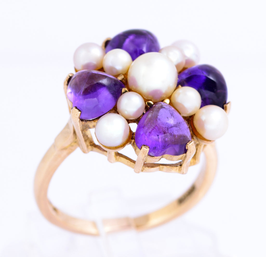 Vintage 9ct Yellow Gold Cultured Pearl & Natural Amethyst Dress Ring UK Size O (A2131)