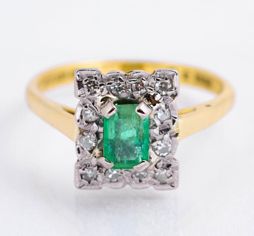 Vintage 18ct Gold Natural Emerald 0.5 Carat & Diamond Halo Ring Art Deco Design (A2135)
