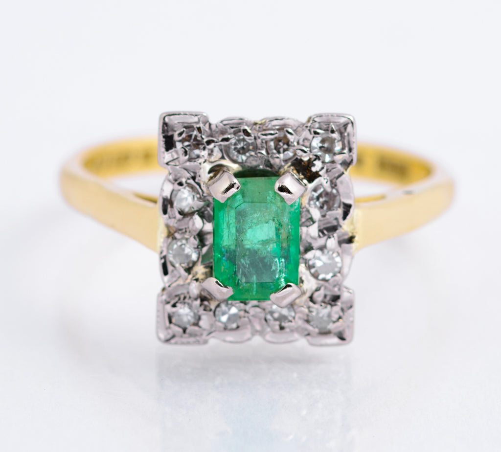Vintage 18ct Gold Natural Emerald 0.5 Carat & Diamond Halo Ring Art Deco Design (A2135)