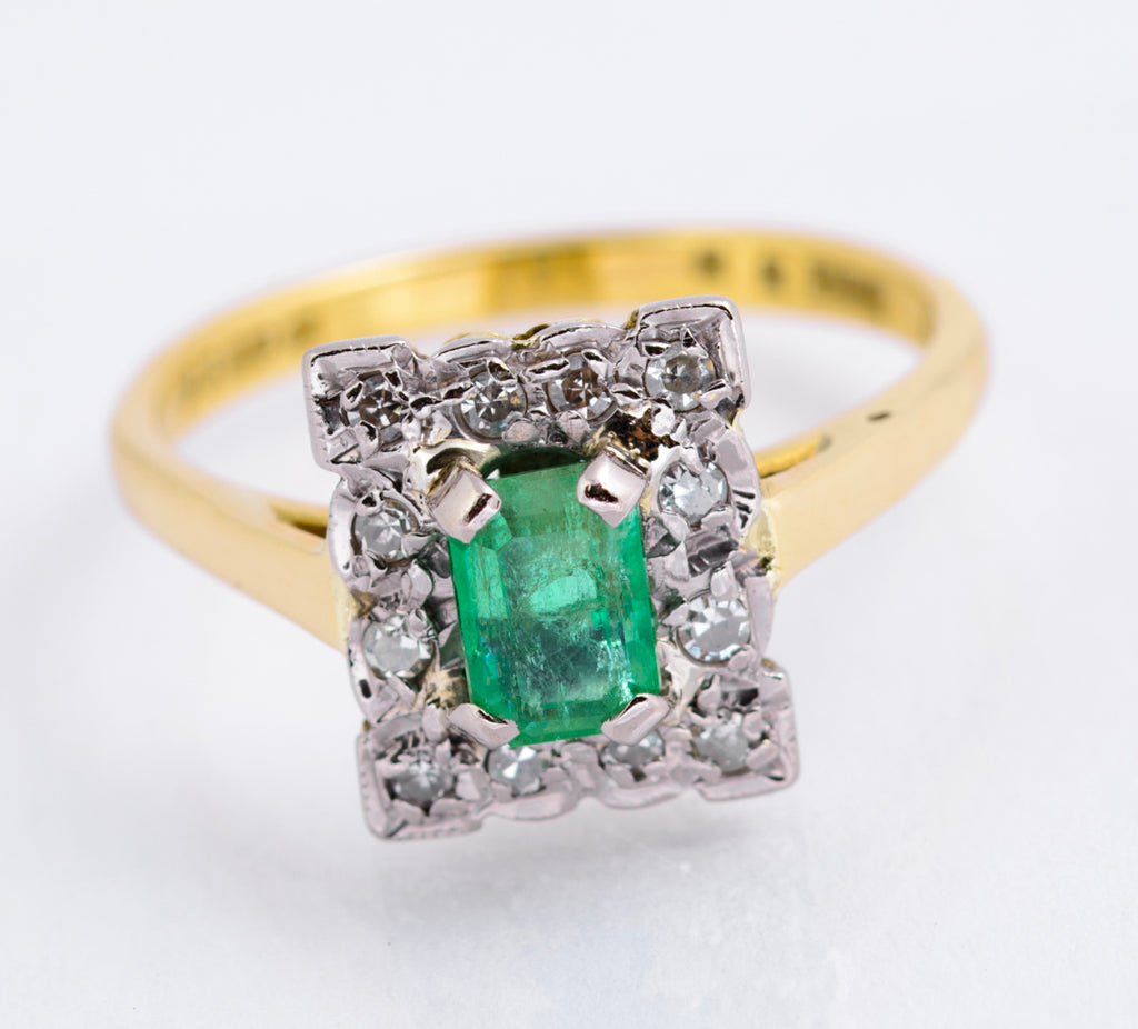 Vintage 18ct Gold Natural Emerald 0.5 Carat & Diamond Halo Ring Art Deco Design (A2135)