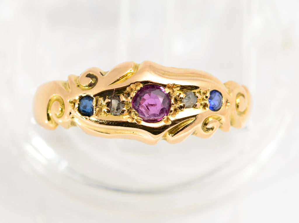 Antique 18ct Gold Natural Ruby Diamond & Sapphire Ring Chester Hallmark (A2155)