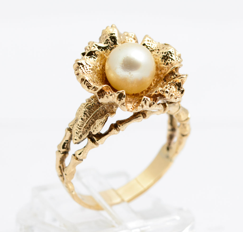 Vintage 9ct Yellow Gold Ring Brutalist Design With Cultured Pearl 8.1 Grams UK Size P (A2167)