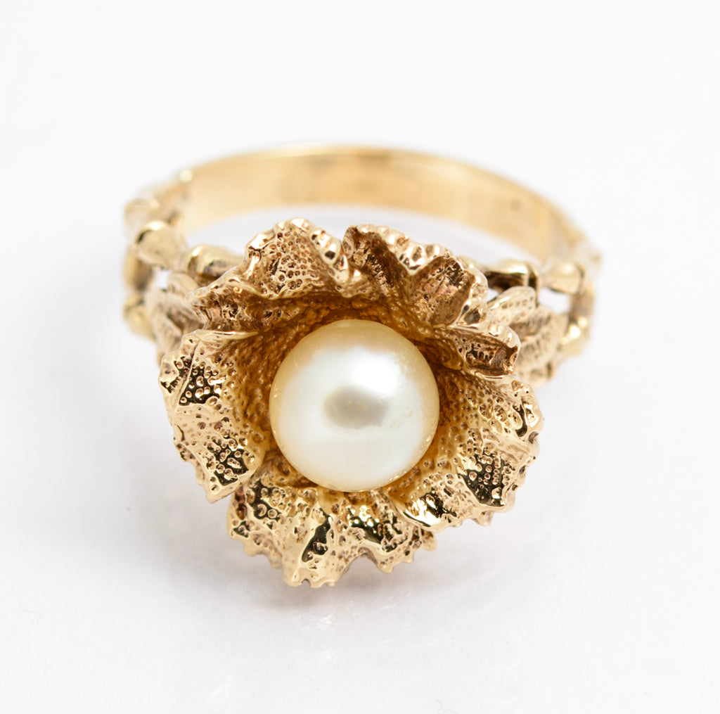 Vintage 9ct Yellow Gold Ring Brutalist Design With Cultured Pearl 8.1 Grams UK Size P (A2167)
