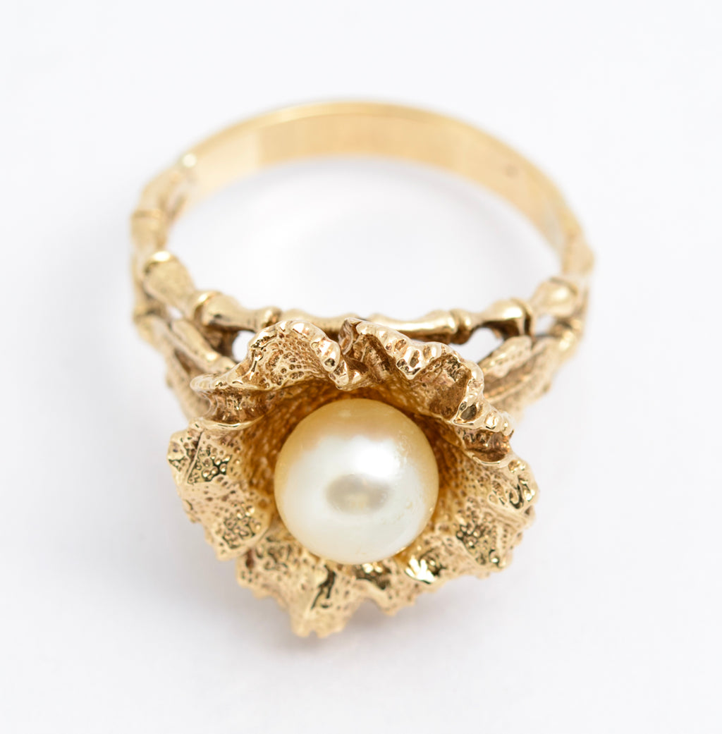 Vintage 9ct Yellow Gold Ring Brutalist Design With Cultured Pearl 8.1 Grams UK Size P (A2167)