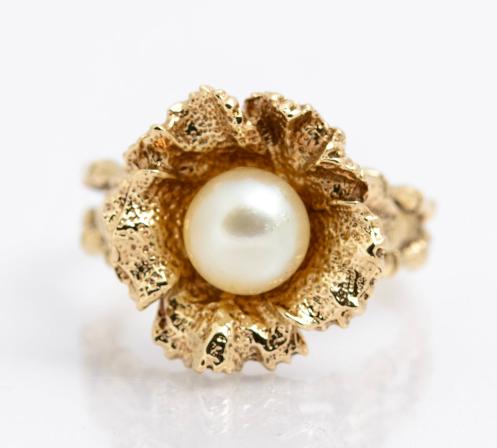 Vintage 9ct Yellow Gold Ring Brutalist Design With Cultured Pearl 8.1 Grams UK Size P (A2167)