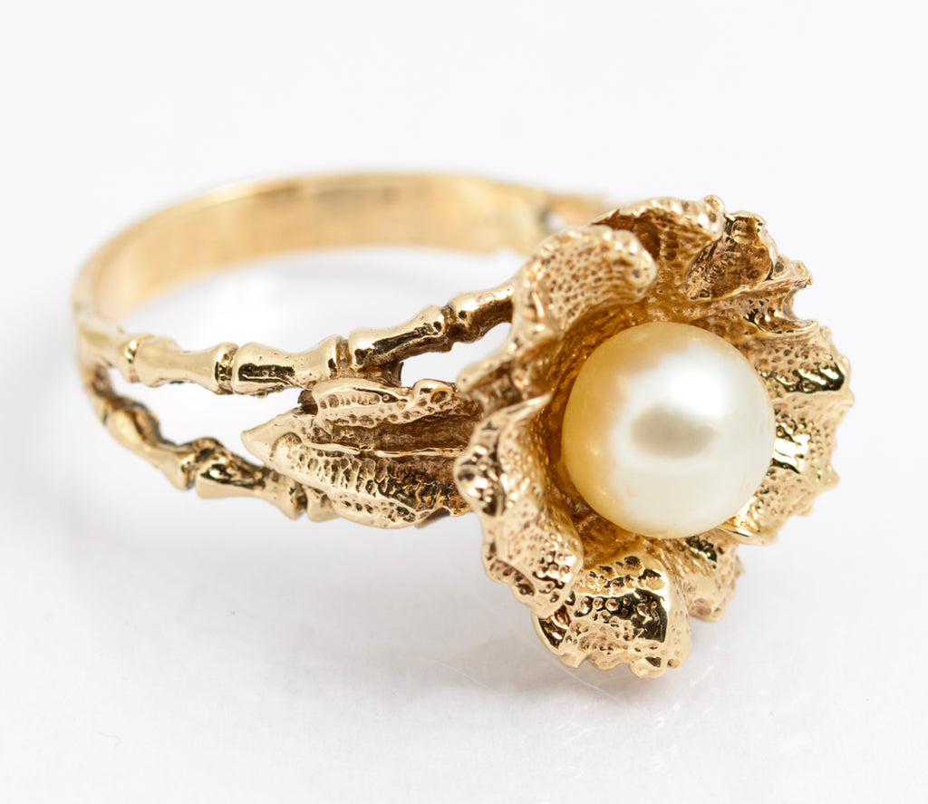 Vintage 9ct Yellow Gold Ring Brutalist Design With Cultured Pearl 8.1 Grams UK Size P (A2167)