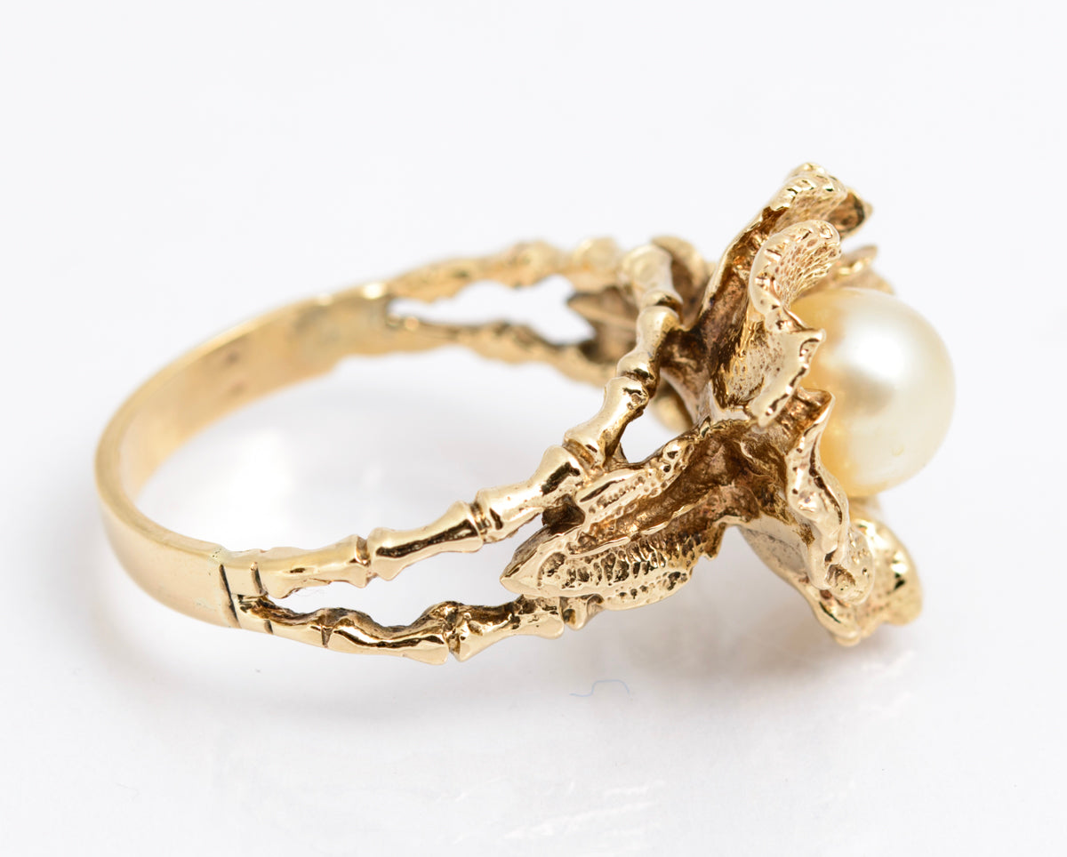 Vintage 9ct Yellow Gold Ring Brutalist Design With Cultured Pearl 8.1 Grams UK Size P (A2167)