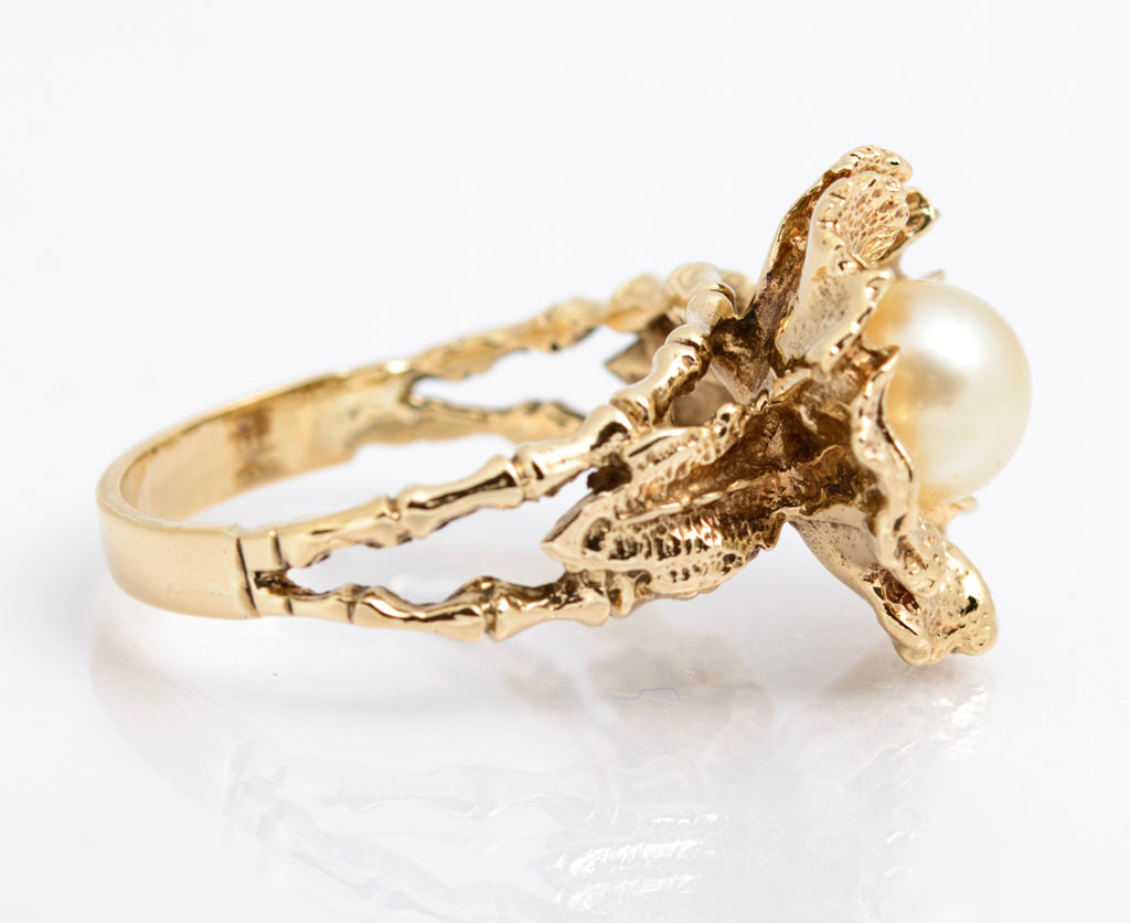 Vintage 9ct Yellow Gold Ring Brutalist Design With Cultured Pearl 8.1 Grams UK Size P (A2167)