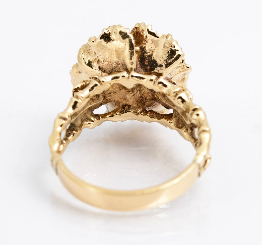 Vintage 9ct Yellow Gold Ring Brutalist Design With Cultured Pearl 8.1 Grams UK Size P (A2167)
