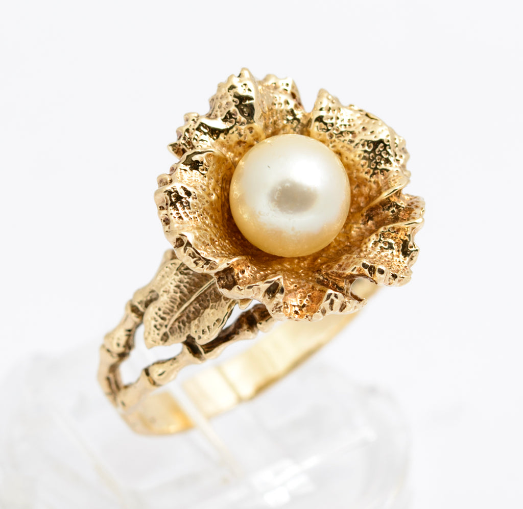 Vintage 9ct Yellow Gold Ring Brutalist Design With Cultured Pearl 8.1 Grams UK Size P (A2167)