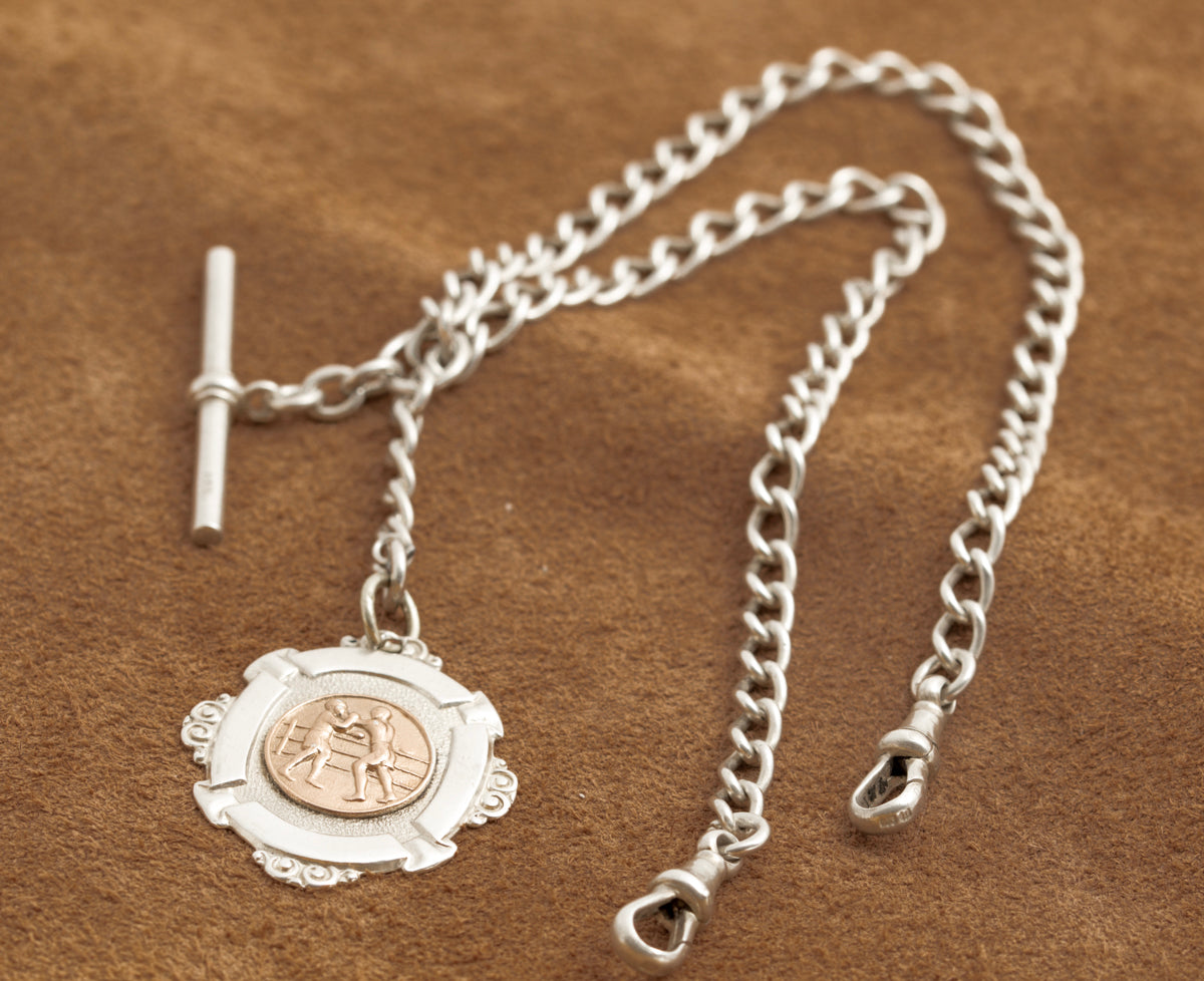 Antique Sterling Silver Double Albert Watch Chain Boxing Fob Gold Top Medallion (A2171)