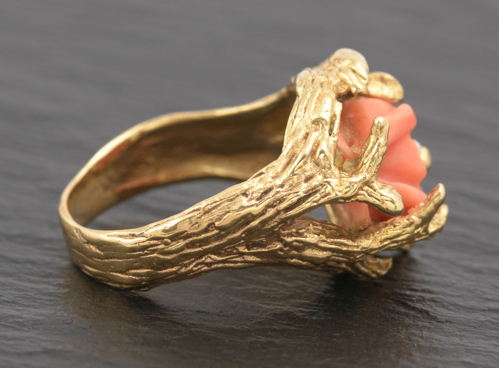 Vintage 14ct Gold Carved Coral Rose Ring - Gold Frond Setting - UK Size O½ - A428