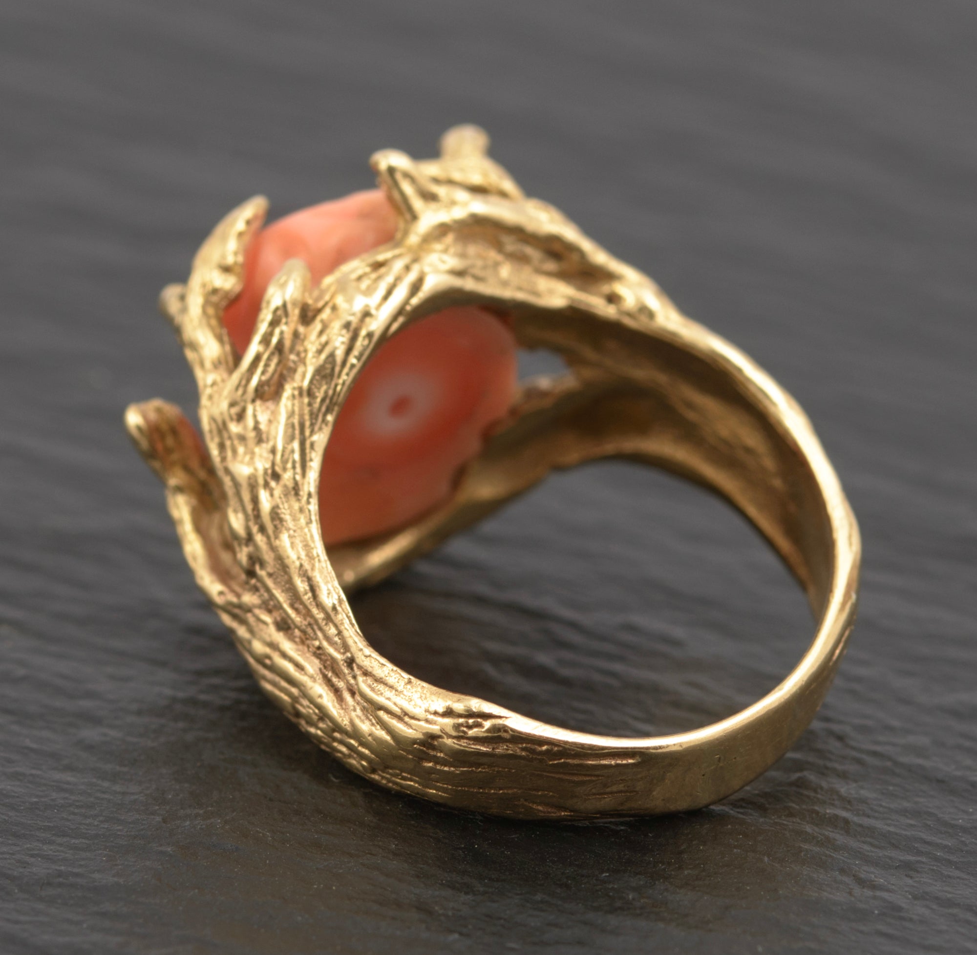 Vintage 14ct Gold Carved Coral Rose Ring - Gold Frond Setting - UK Size O½ - A428